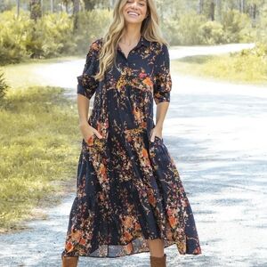 NWT Natural Life Rebecca Midi Navy Red Bouquets Dress Size XL